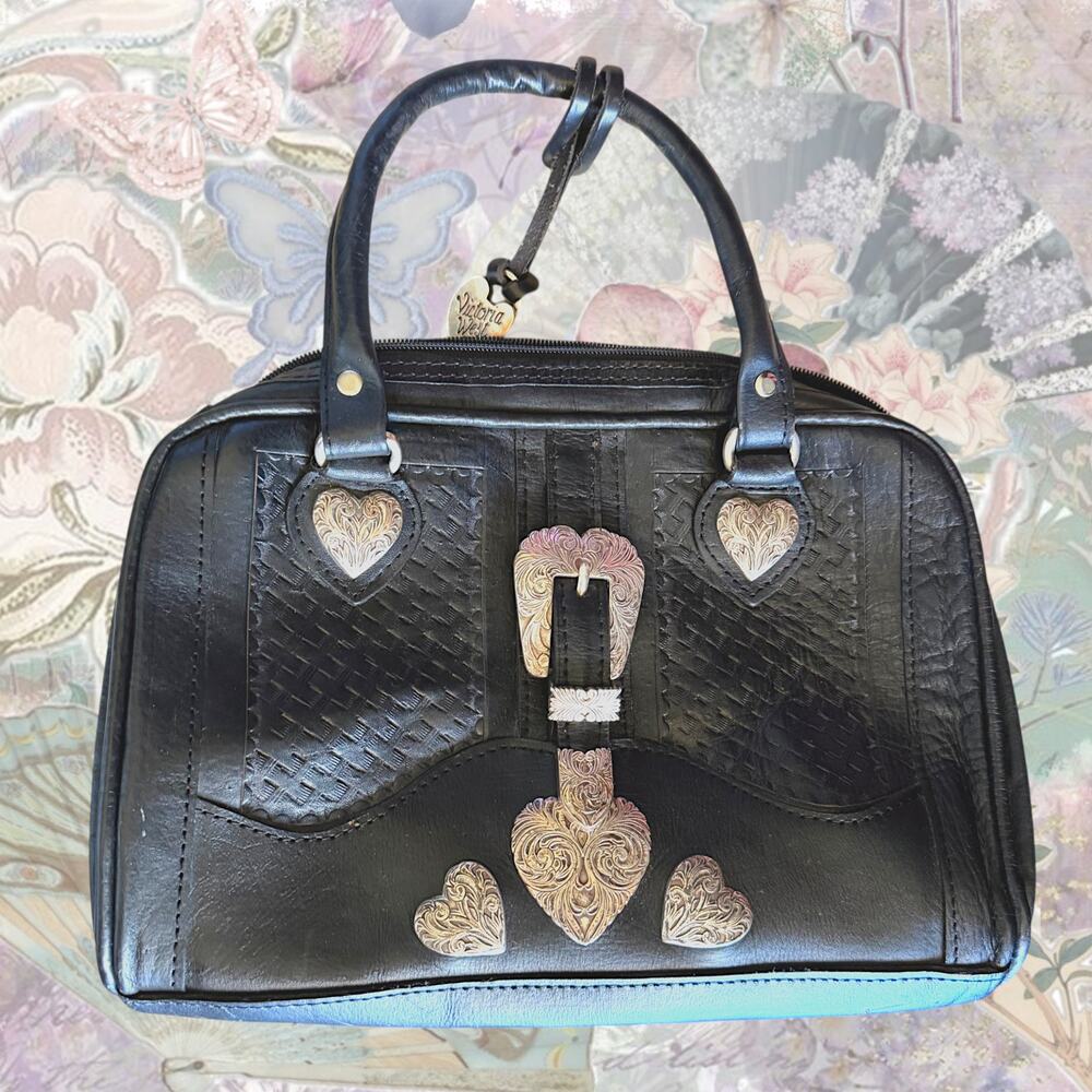 Vintage Victoria West Black Leather Heart Handbag, Western Gothic Tooled Purse